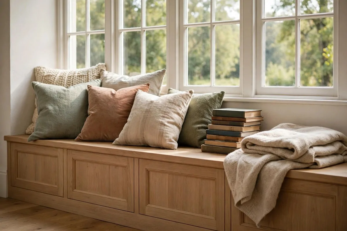 Window seat bench piled with layered cushions and a folded throw