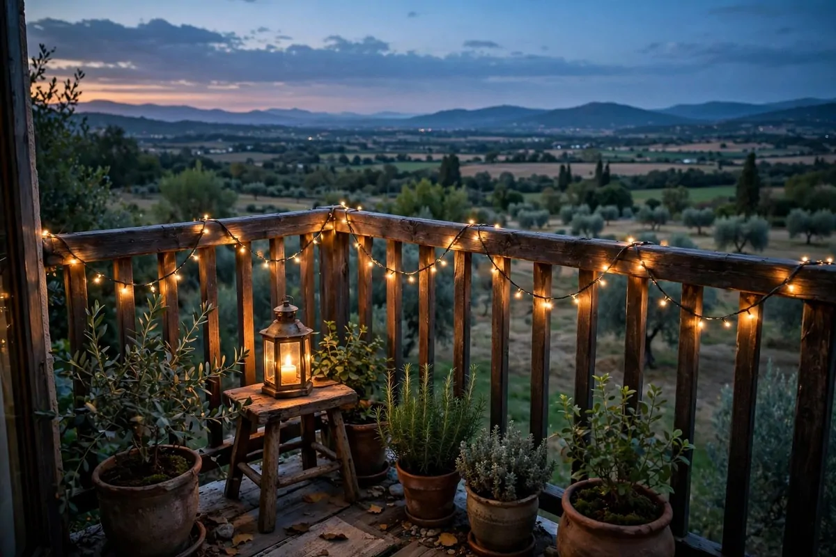 Balcony at dusk with fairy lights on the railing and a glowing lantern