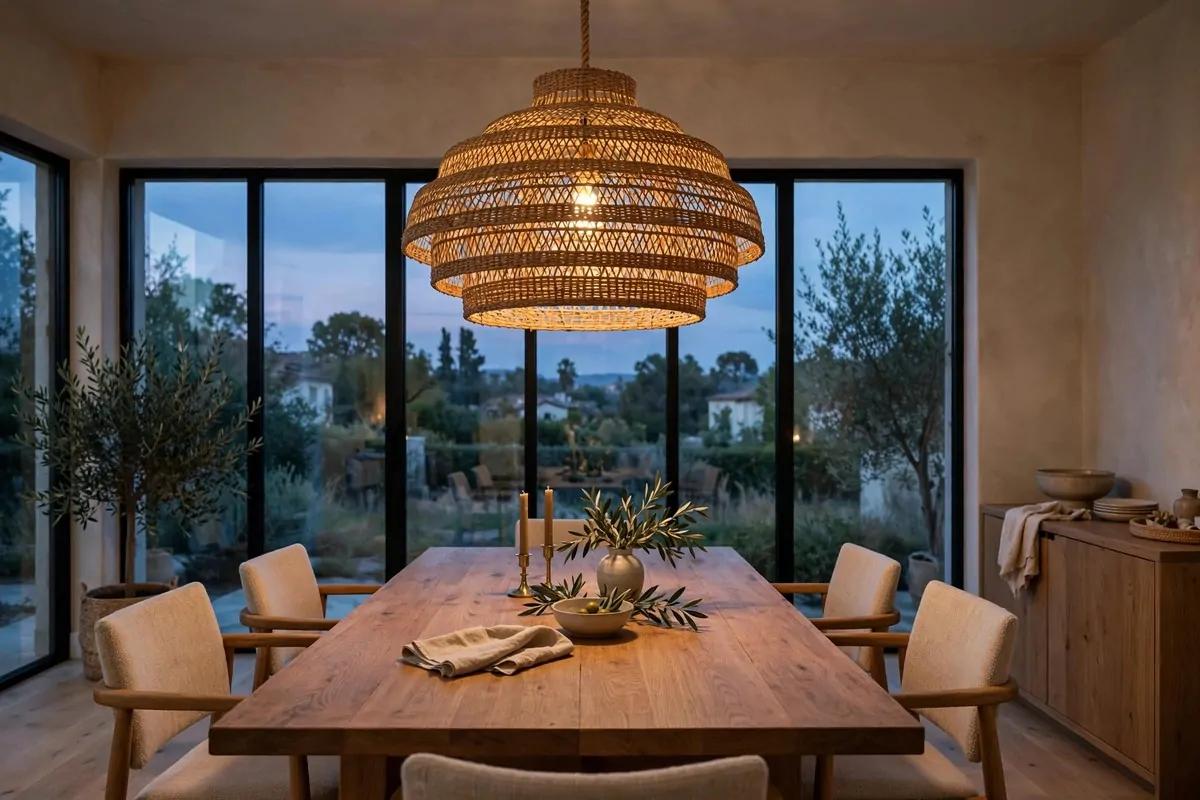 Dining room with woven rattan pendant light over a wooden table