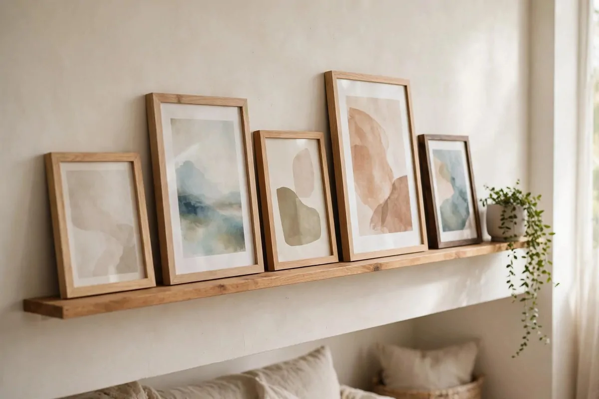 Wooden picture ledge shelf holding leaning framed art prints