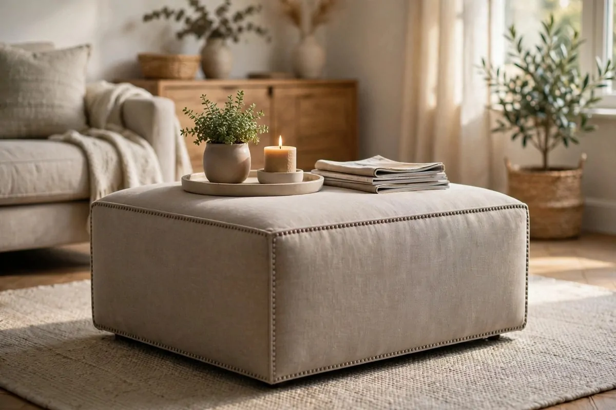 Styled ottoman with tray, small plant, candle and stacked magazines