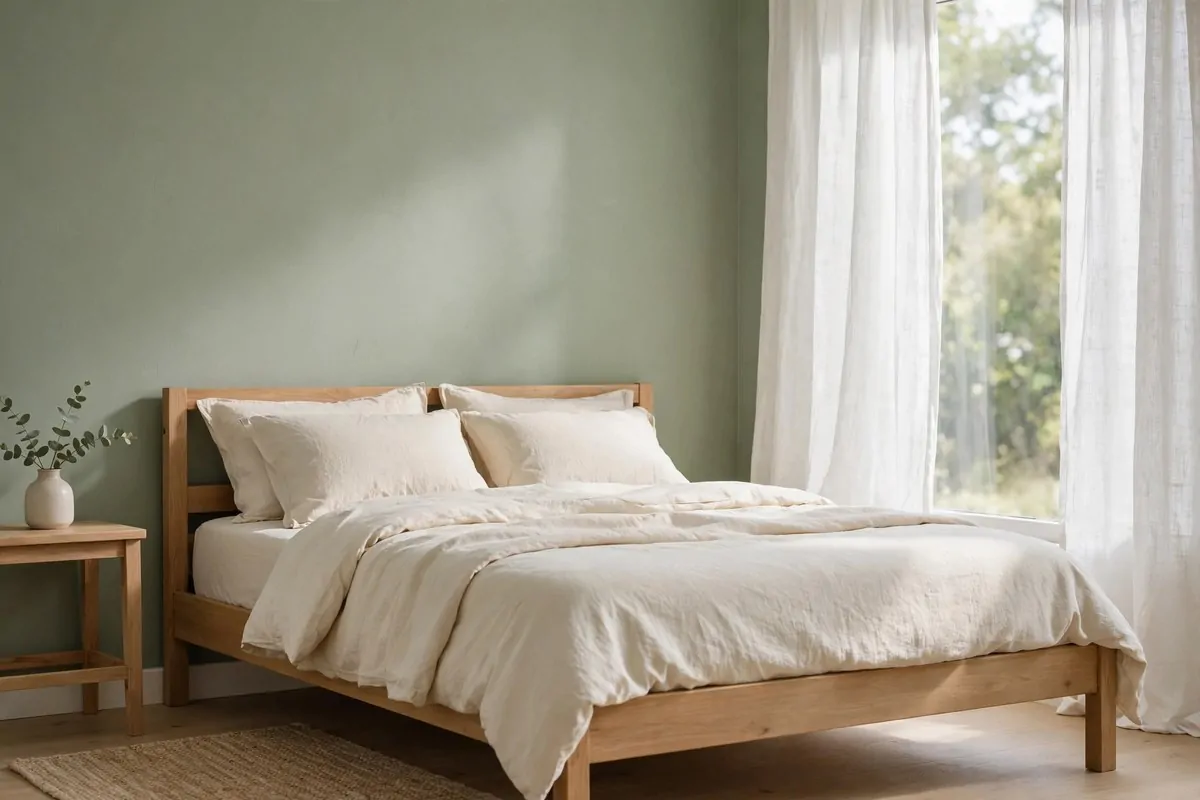 30 Bedroom Inspirations for Your Most Relaxing Room Yet 1 Bedroom with soft sage green walls and a wooden bed