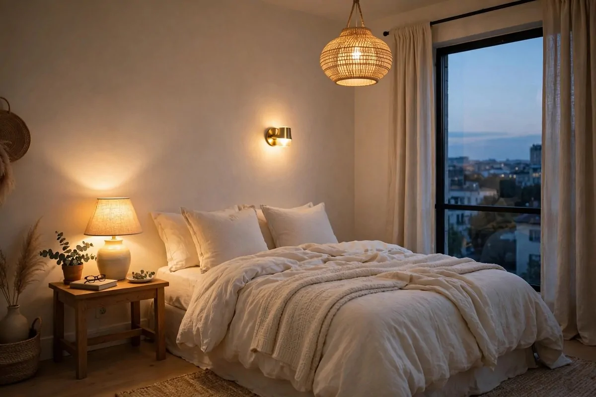 30 Bedroom Inspirations for Your Most Relaxing Room Yet 3 Bedroom glowing with warm bedside lamps and a ceiling light