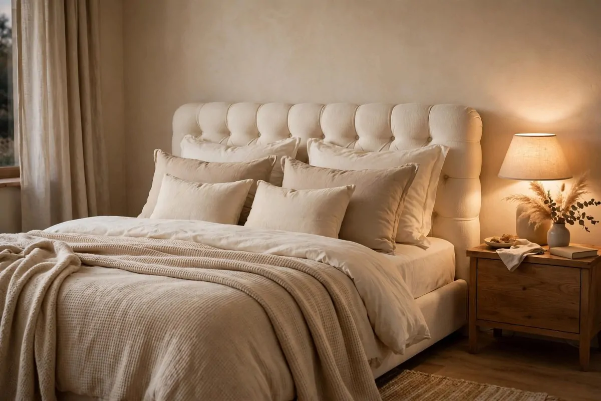 30 Bedroom Inspirations for Your Most Relaxing Room Yet 4 Cream upholstered headboard with pillows behind a bed