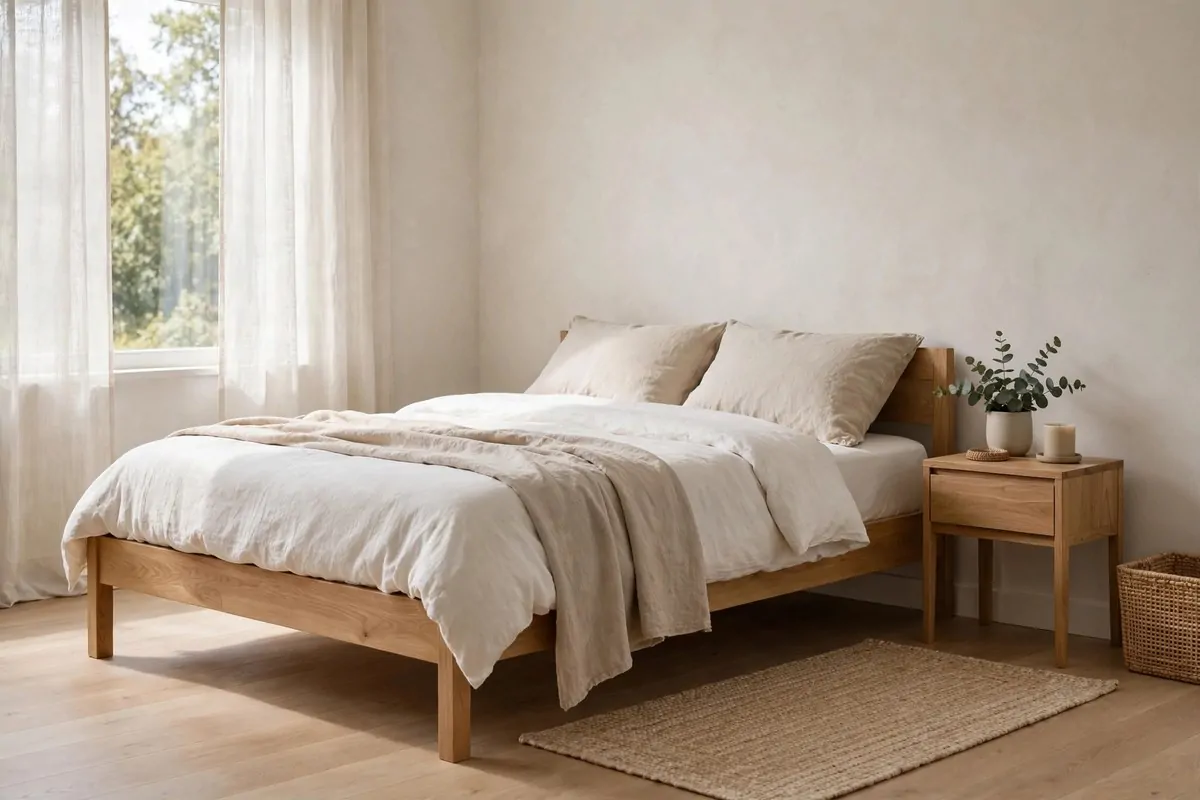 30 Bedroom Inspirations for Your Most Relaxing Room Yet 5 Natural oak wooden bed frame in a calm bedroom