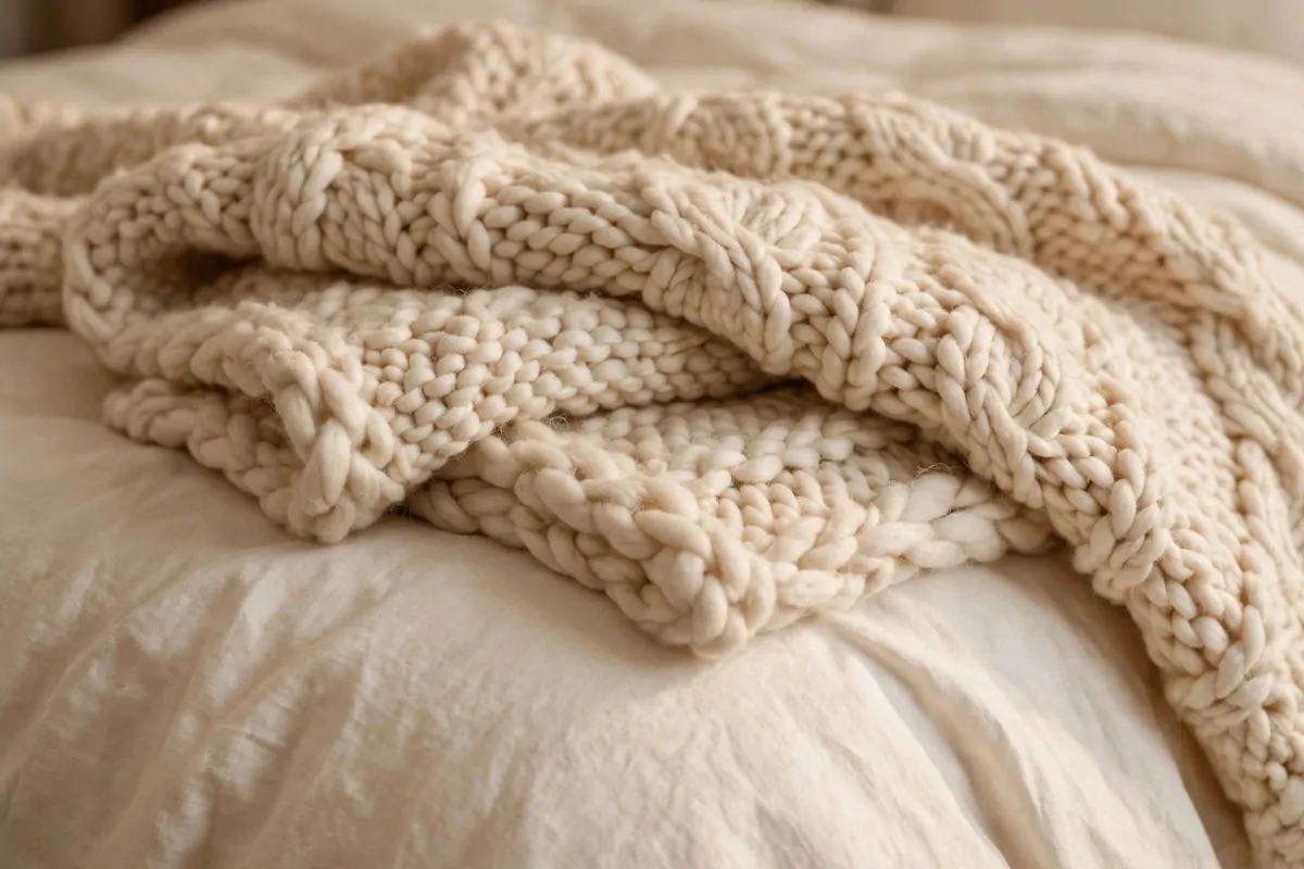 30 Bedroom Inspirations for Your Most Relaxing Room Yet 6 Chunky knit blanket folded across a bed