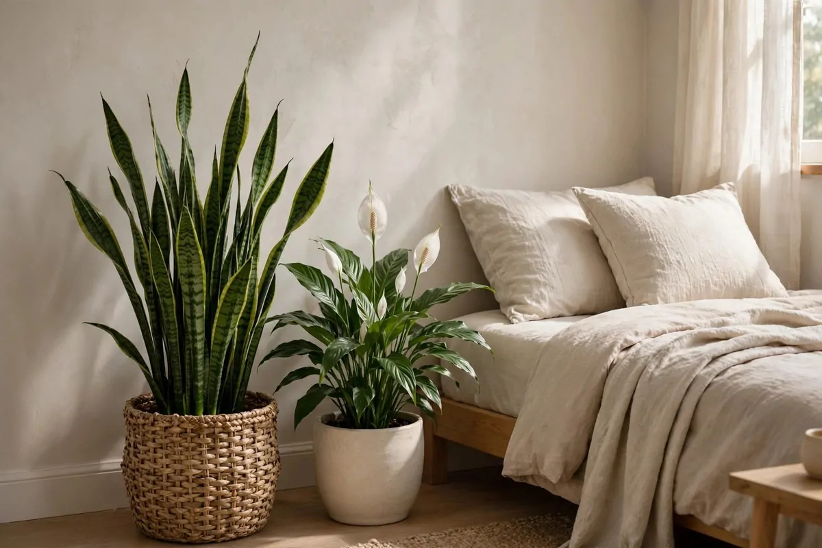 30 Bedroom Inspirations for Your Most Relaxing Room Yet 10 Snake plant and peace lily in the corner of a bedroom