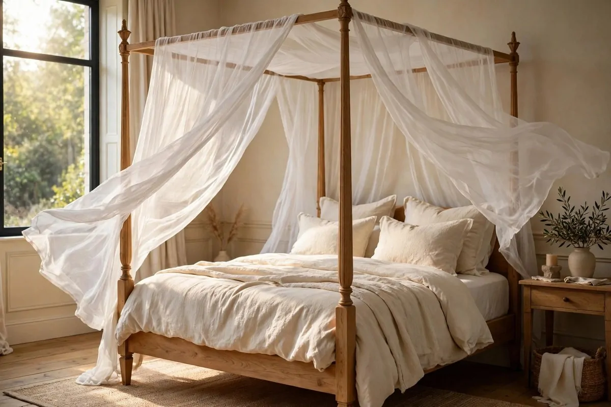 30 Bedroom Inspirations for Your Most Relaxing Room Yet 11 Four-poster bed draped with sheer white fabric