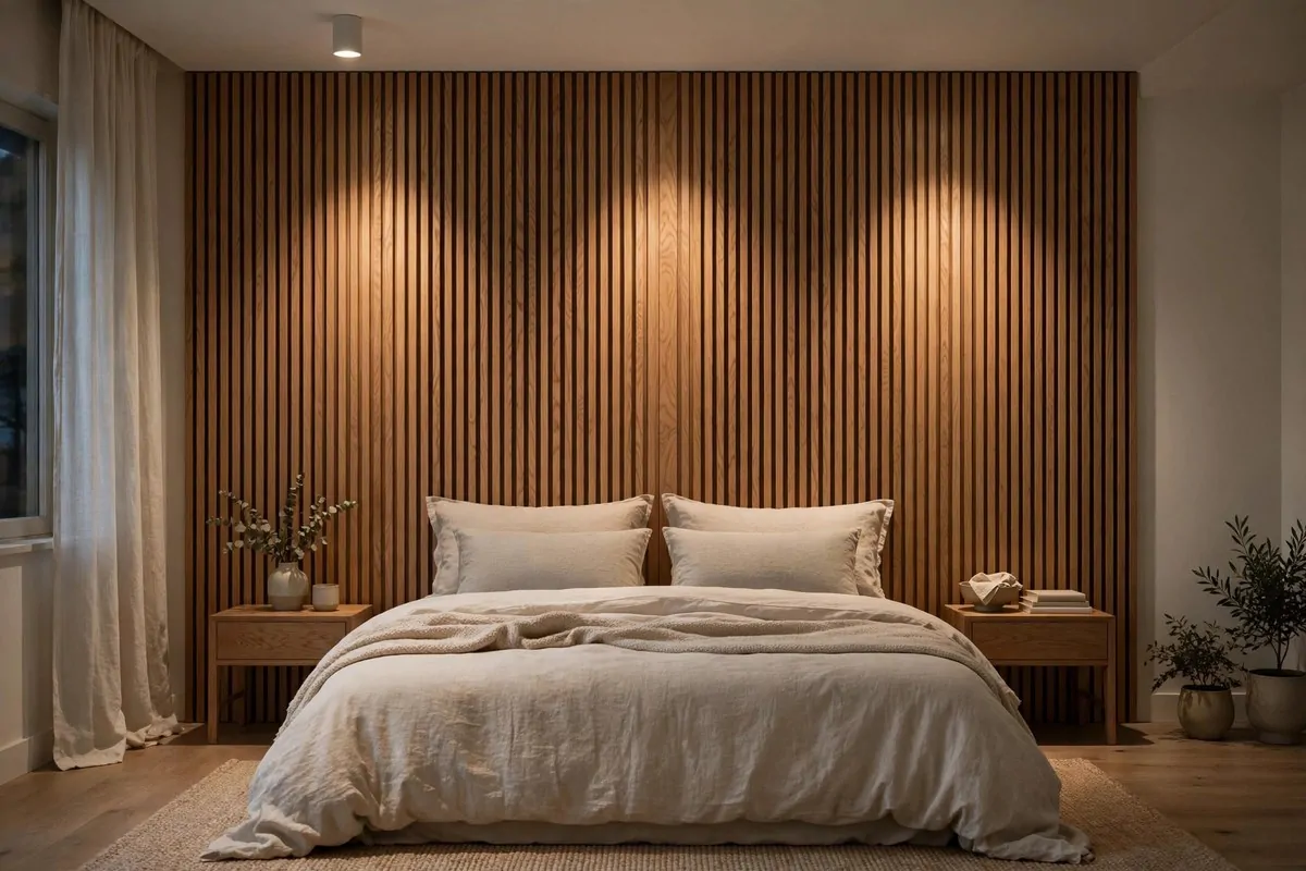 30 Bedroom Inspirations for Your Most Relaxing Room Yet 13 Vertical wooden slat panel wall behind a bed