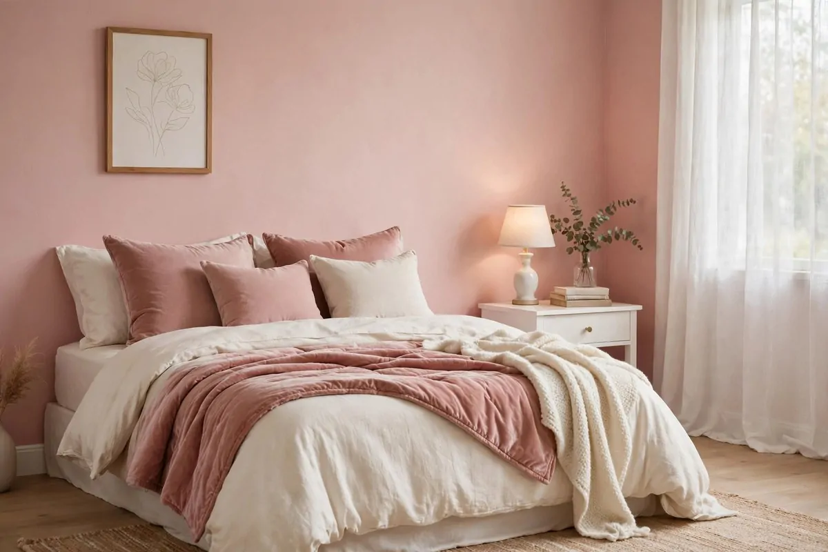 30 Bedroom Inspirations for Your Most Relaxing Room Yet 14 Blush pink bedroom with soft furnishings