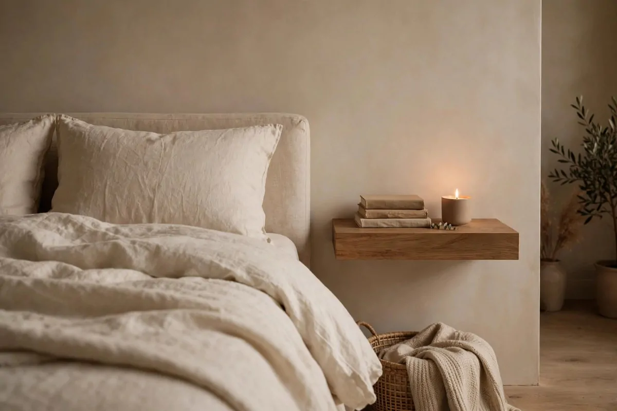 30 Bedroom Inspirations for Your Most Relaxing Room Yet 17 Floating wooden shelf beside a bed with a candle