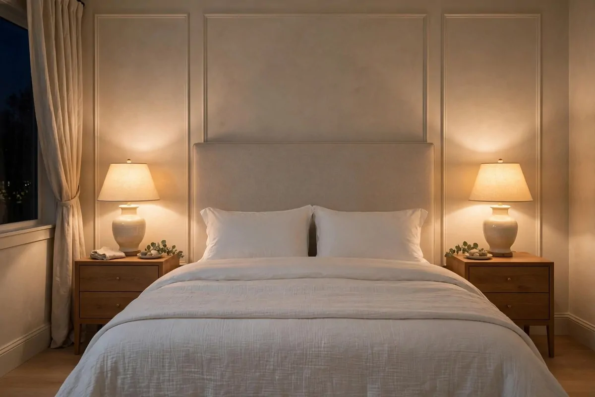 30 Bedroom Inspirations for Your Most Relaxing Room Yet 18 Matching ceramic table lamps glowing on nightstands