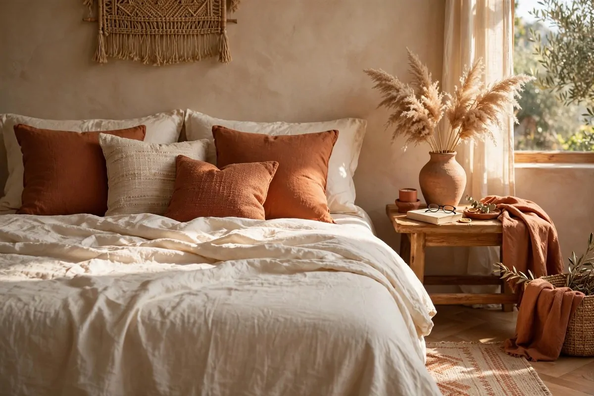 30 Bedroom Inspirations for Your Most Relaxing Room Yet 19 Terracotta cushions and clay vase in a bedroom