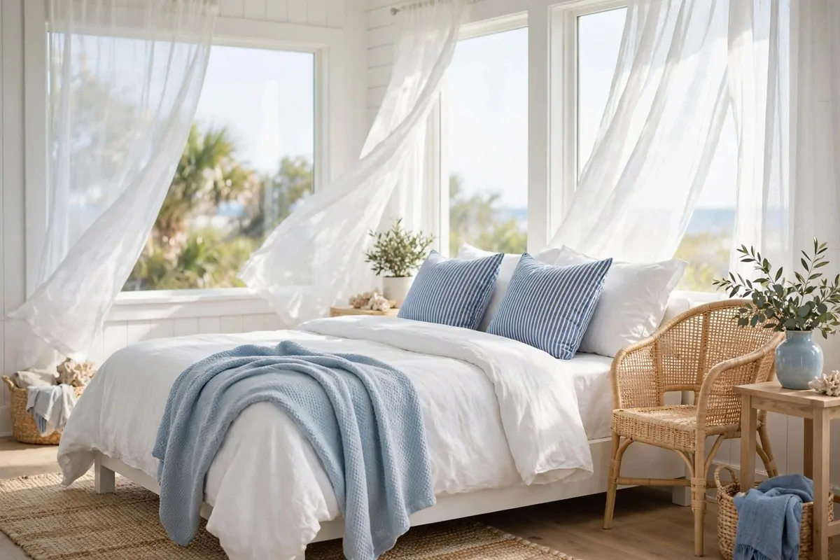 30 Bedroom Inspirations for Your Most Relaxing Room Yet 20 Coastal bedroom in soft blue and white tones
