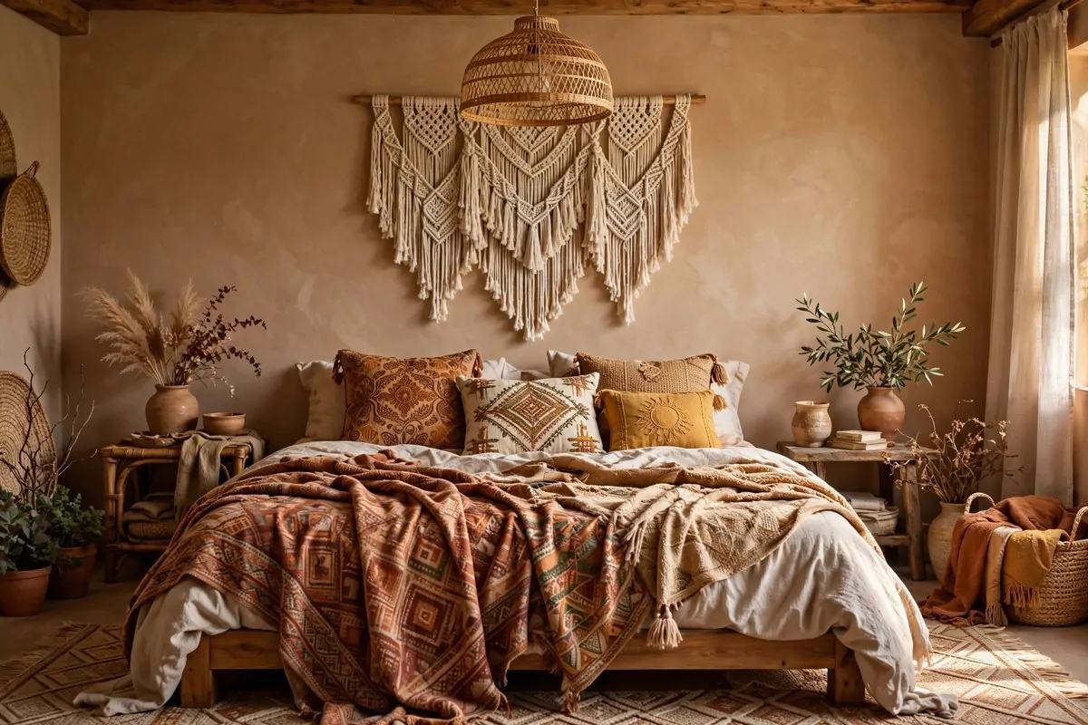 30 Bedroom Inspirations for Your Most Relaxing Room Yet 21 Boho bedroom with layered patterned textiles
