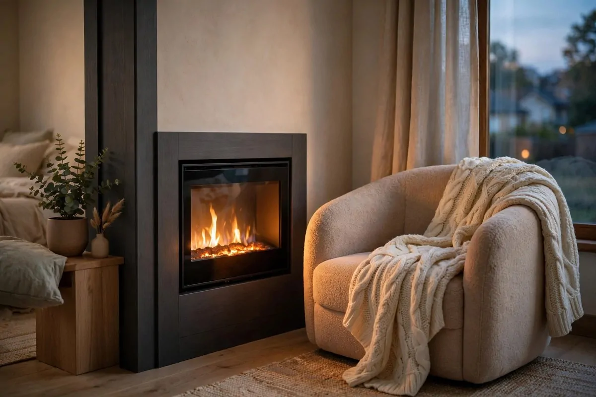 30 Bedroom Inspirations for Your Most Relaxing Room Yet 22 Small electric fireplace glowing in a bedroom corner