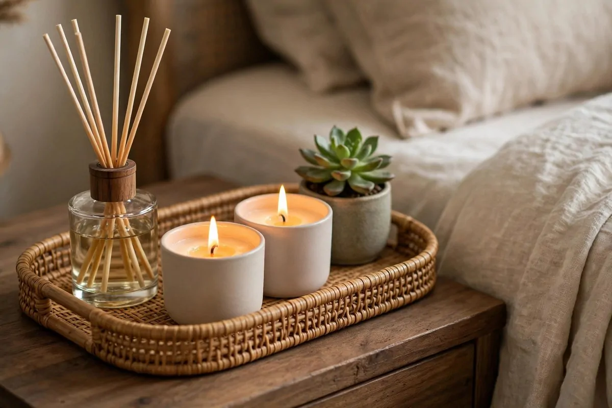 30 Bedroom Inspirations for Your Most Relaxing Room Yet 23 Bedside tray with diffuser, candles and a small plant