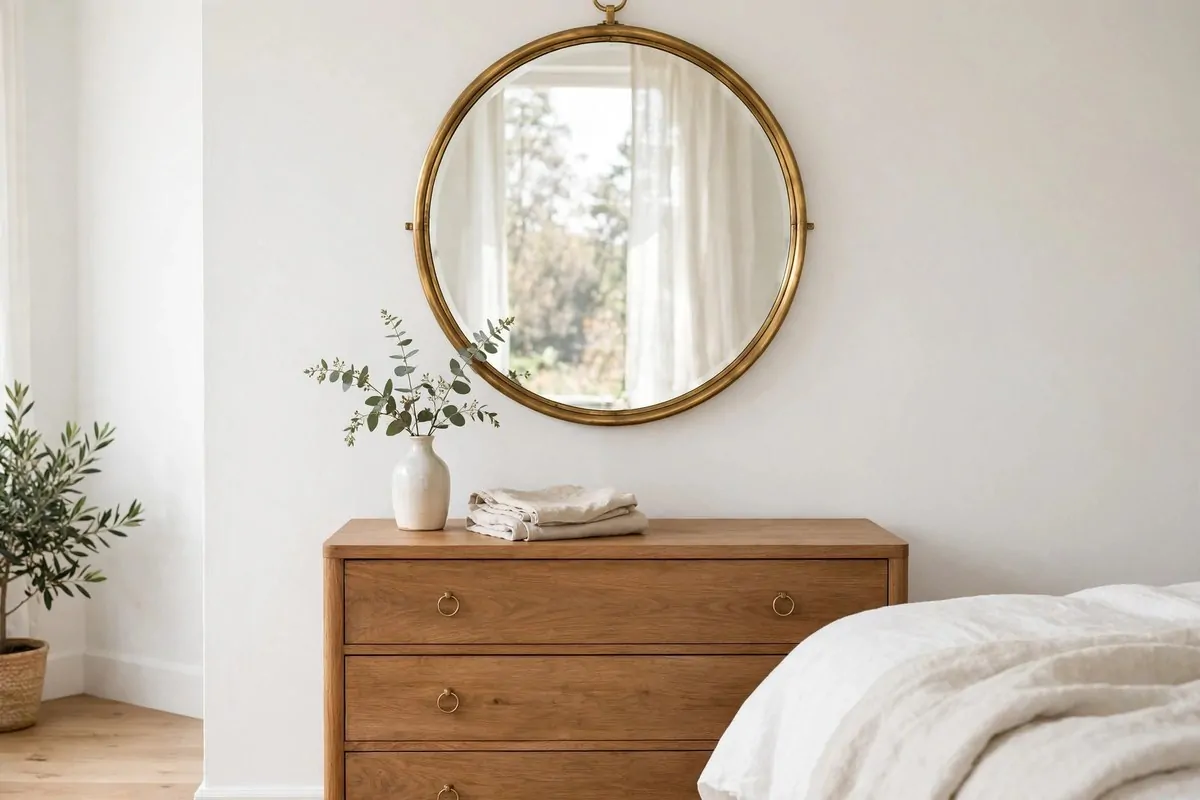 30 Bedroom Inspirations for Your Most Relaxing Room Yet 25 Round brass mirror above a wooden dresser
