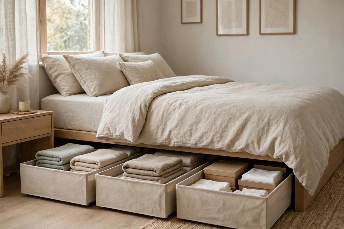 30 Bedroom Inspirations for Your Most Relaxing Room Yet 26 Open under-bed drawers neatly organised