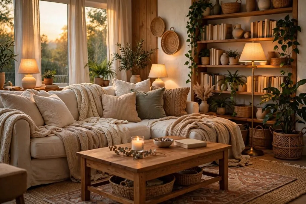 A warm and cozy living room with soft glowing light, layered blankets and plush cushions