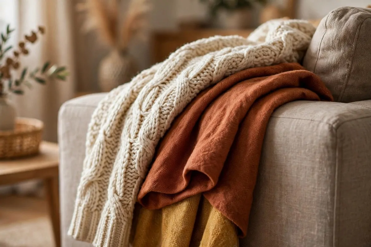 30 Cozy Home Ideas That Feel Like a Warm Hug 1 Soft layered throw blankets draped over a cozy sofa in a warm living room