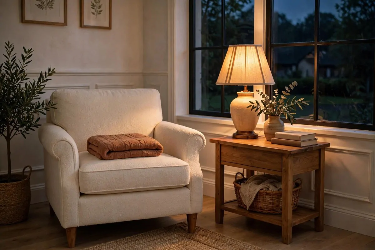 30 Cozy Home Ideas That Feel Like a Warm Hug 2 Table lamp glowing with warm light in a cozy corner of a living room