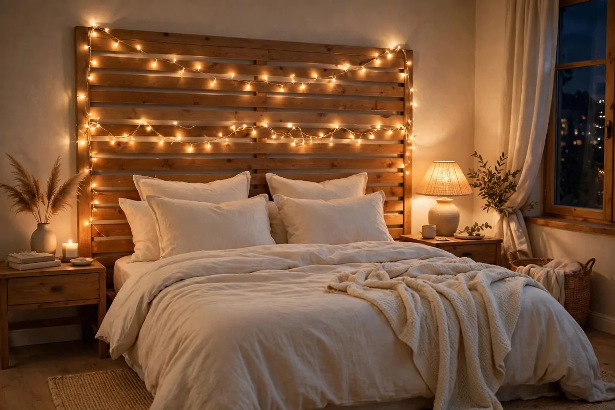 30 Cozy Home Ideas That Feel Like a Warm Hug 3 Warm fairy lights draped along a bedroom headboard at night