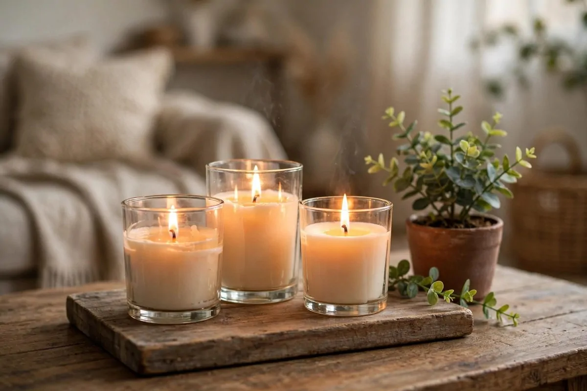 30 Cozy Home Ideas That Feel Like a Warm Hug 4 Lit scented candles on a wooden tray with warm glow