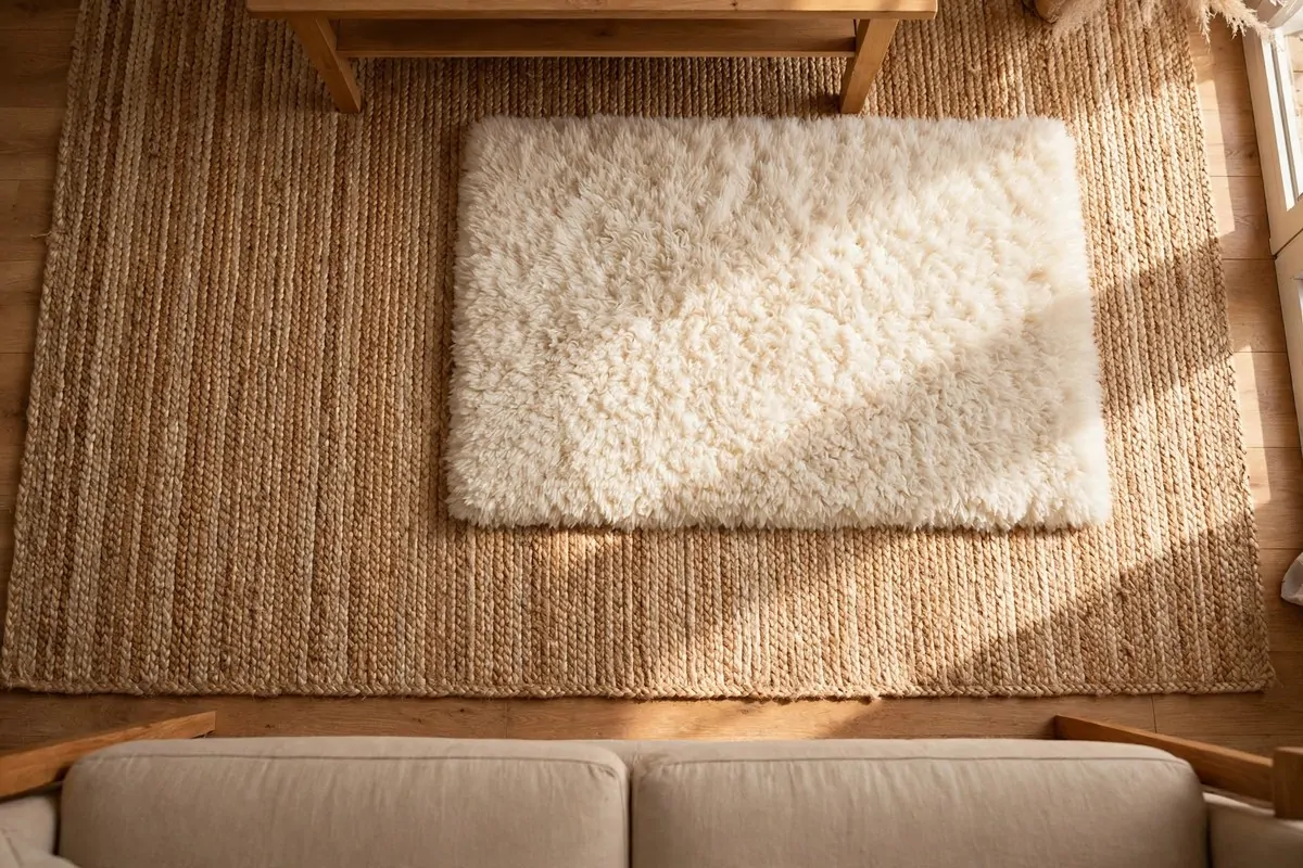 30 Cozy Home Ideas That Feel Like a Warm Hug 5 Layered rugs with different textures on a warm living room floor
