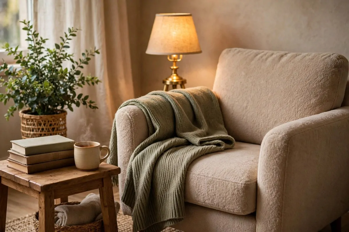 30 Cozy Home Ideas That Feel Like a Warm Hug 6 Cozy reading corner with an armchair, small lamp, and stack of books