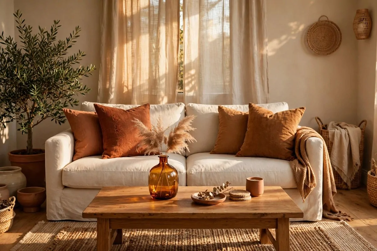30 Cozy Home Ideas That Feel Like a Warm Hug 7 Living room decorated in warm earthy tones with terracotta and beige cushions