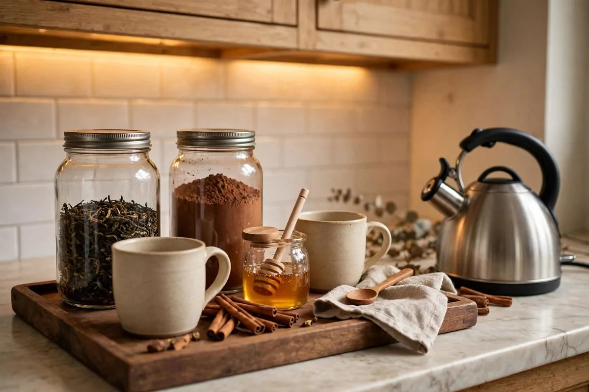 30 Cozy Home Ideas That Feel Like a Warm Hug 8 Tea and cocoa station on a kitchen counter with mugs, jars, and a kettle