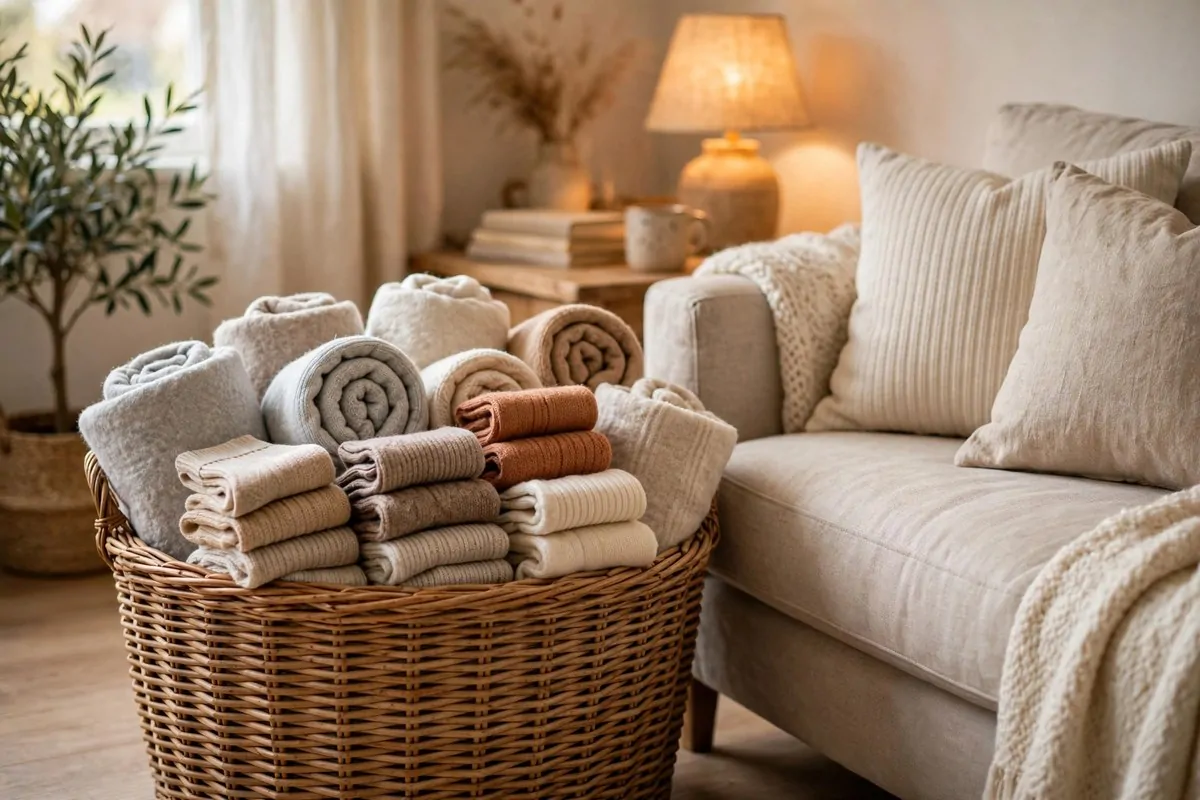 30 Cozy Home Ideas That Feel Like a Warm Hug 9 Wicker basket filled with folded blankets and cozy socks in a living room