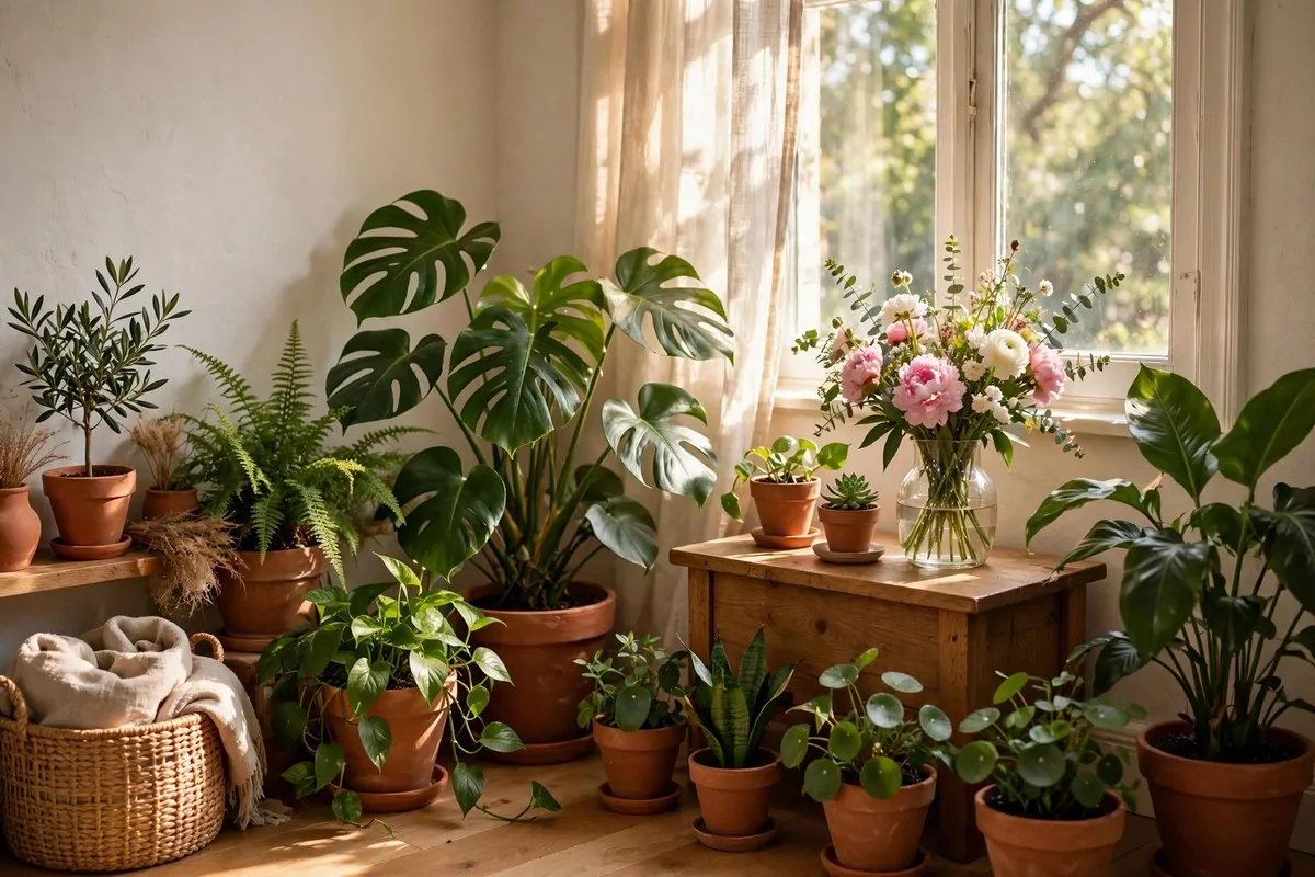 30 Cozy Home Ideas That Feel Like a Warm Hug 10 Green houseplants and fresh flowers in a bright warm living room corner