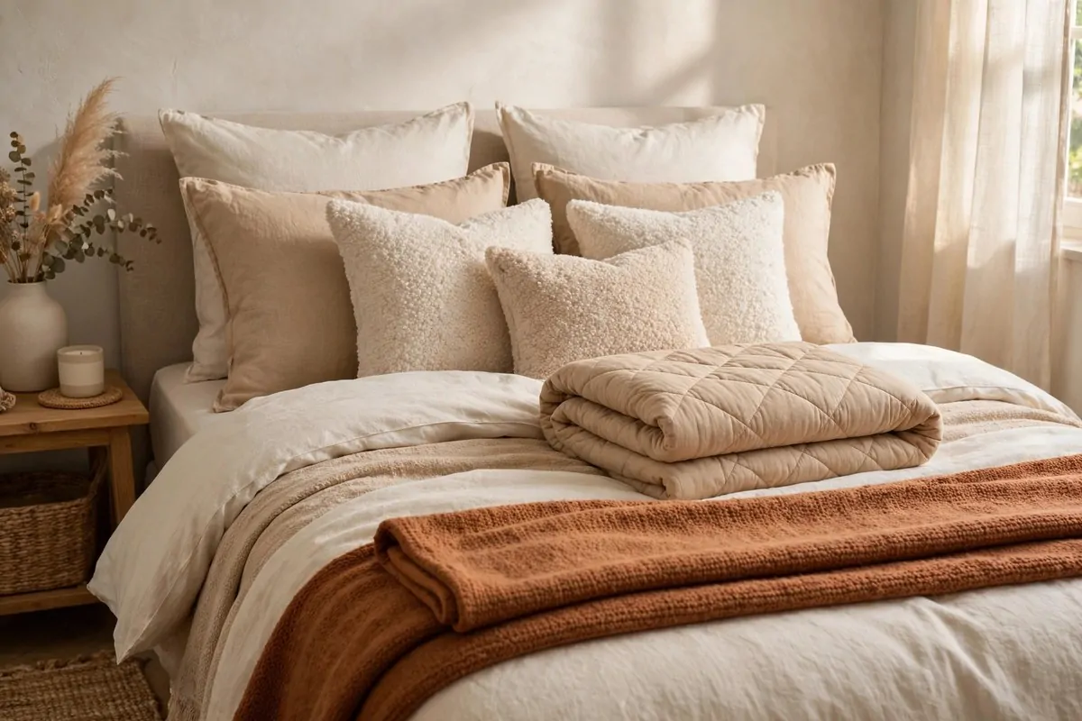 30 Cozy Home Ideas That Feel Like a Warm Hug 11 Bed with layered bedding in soft warm tones with folded throws and pillows
