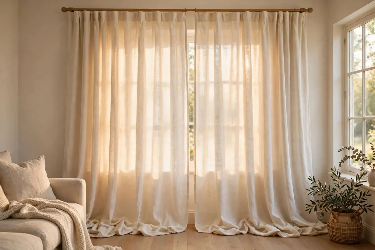 30 Cozy Home Ideas That Feel Like a Warm Hug 12 Soft linen curtains on a living room window with warm daylight
