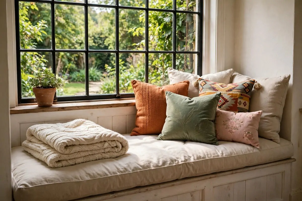 30 Cozy Home Ideas That Feel Like a Warm Hug 13 Window seat with plush cushions and a throw blanket overlooking a garden