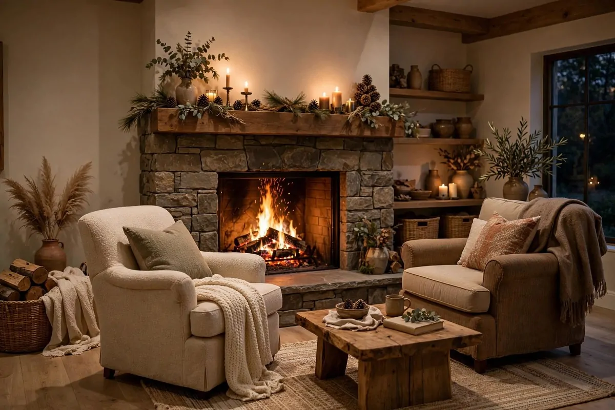 30 Cozy Home Ideas That Feel Like a Warm Hug 14 Glowing fireplace with styled mantel in a warm cozy living room