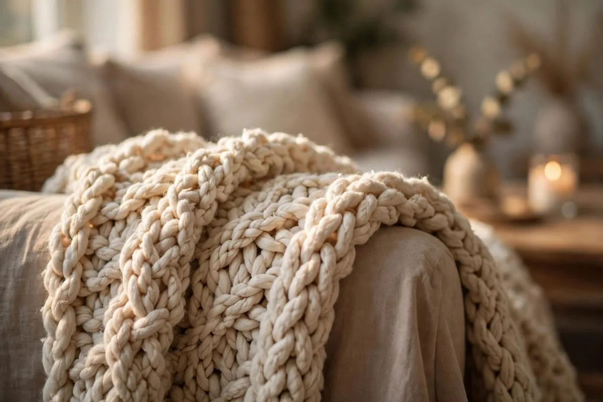 30 Cozy Home Ideas That Feel Like a Warm Hug 15 Close-up of a chunky knit throw blanket draped on a sofa