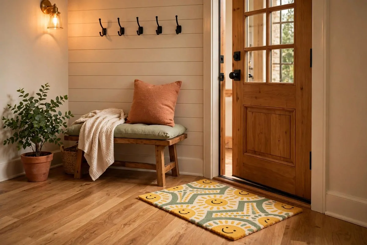 30 Cozy Home Ideas That Feel Like a Warm Hug 16 Welcoming home entryway with a doormat, potted plant, and warm wall light