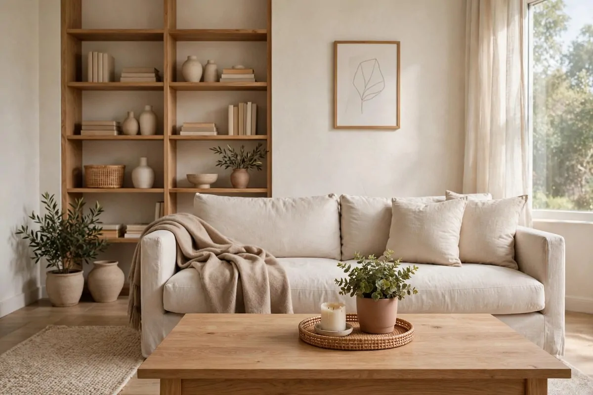 30 Cozy Home Ideas That Feel Like a Warm Hug 17 Calm decluttered living room with clear surfaces and warm minimal styling