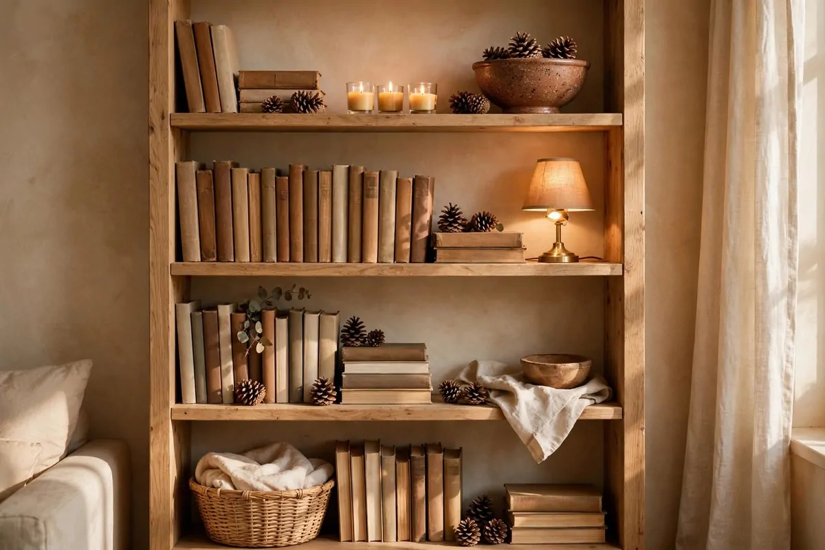 30 Cozy Home Ideas That Feel Like a Warm Hug 18 Styled bookshelf with books, candles, and decorative objects in warm tones