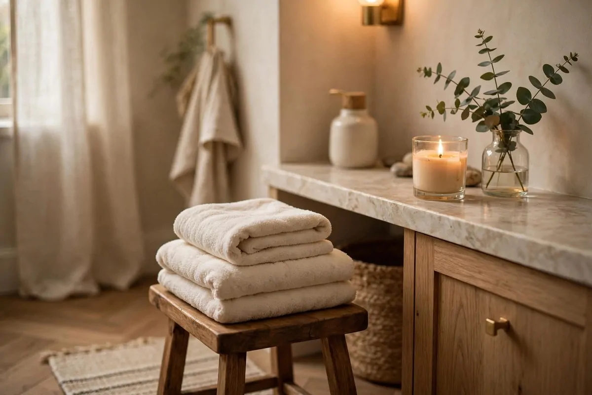 30 Cozy Home Ideas That Feel Like a Warm Hug 19 Cozy bathroom with plush folded towels, a candle, and warm lighting