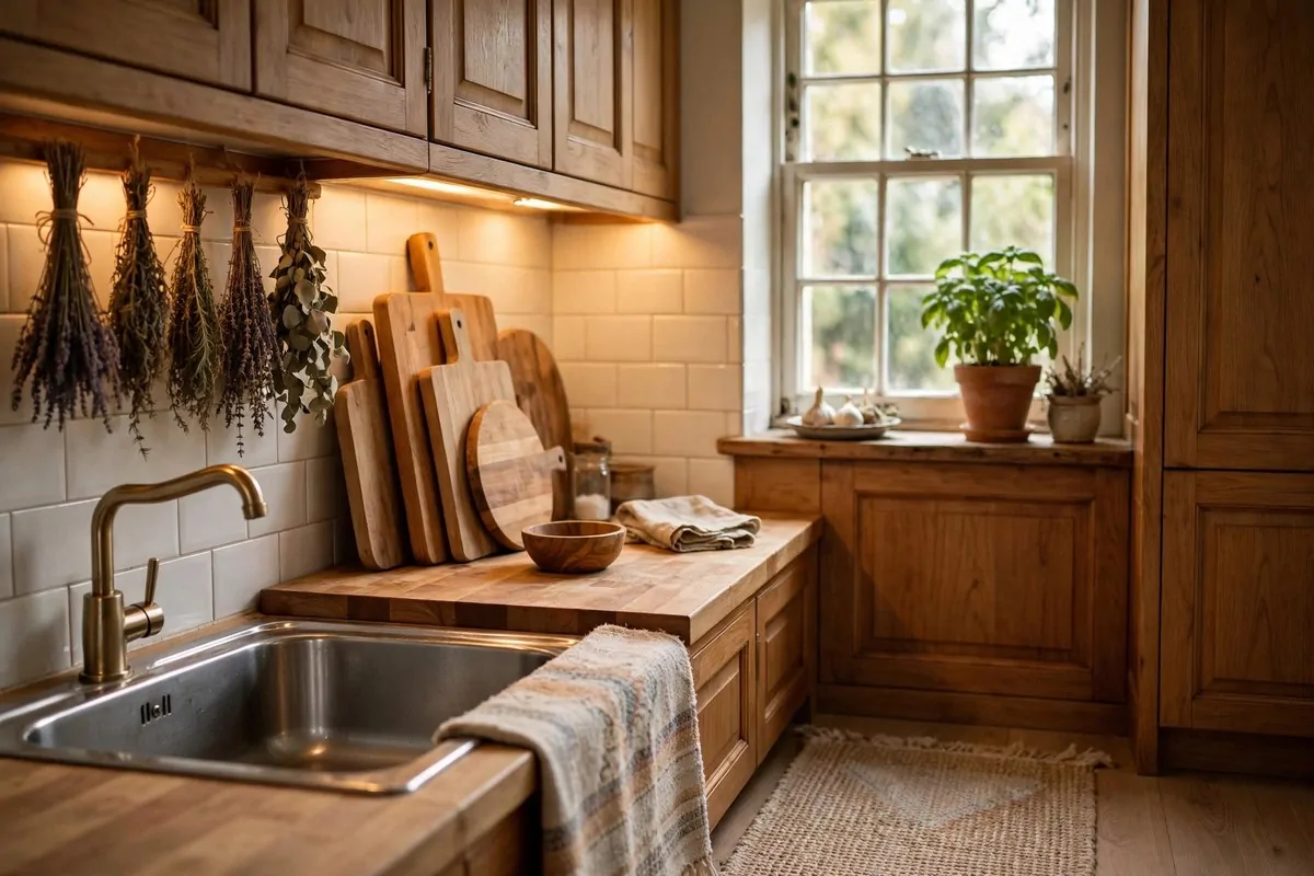 30 Cozy Home Ideas That Feel Like a Warm Hug 20 Warm cozy kitchen corner with wooden details, hanging herbs, and soft lighting