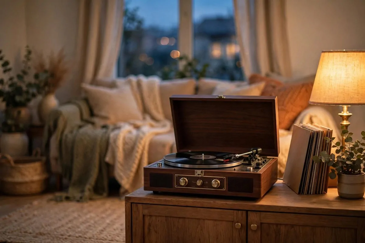 30 Cozy Home Ideas That Feel Like a Warm Hug 21 Cozy living room at dusk with a record player and warm lamp glow