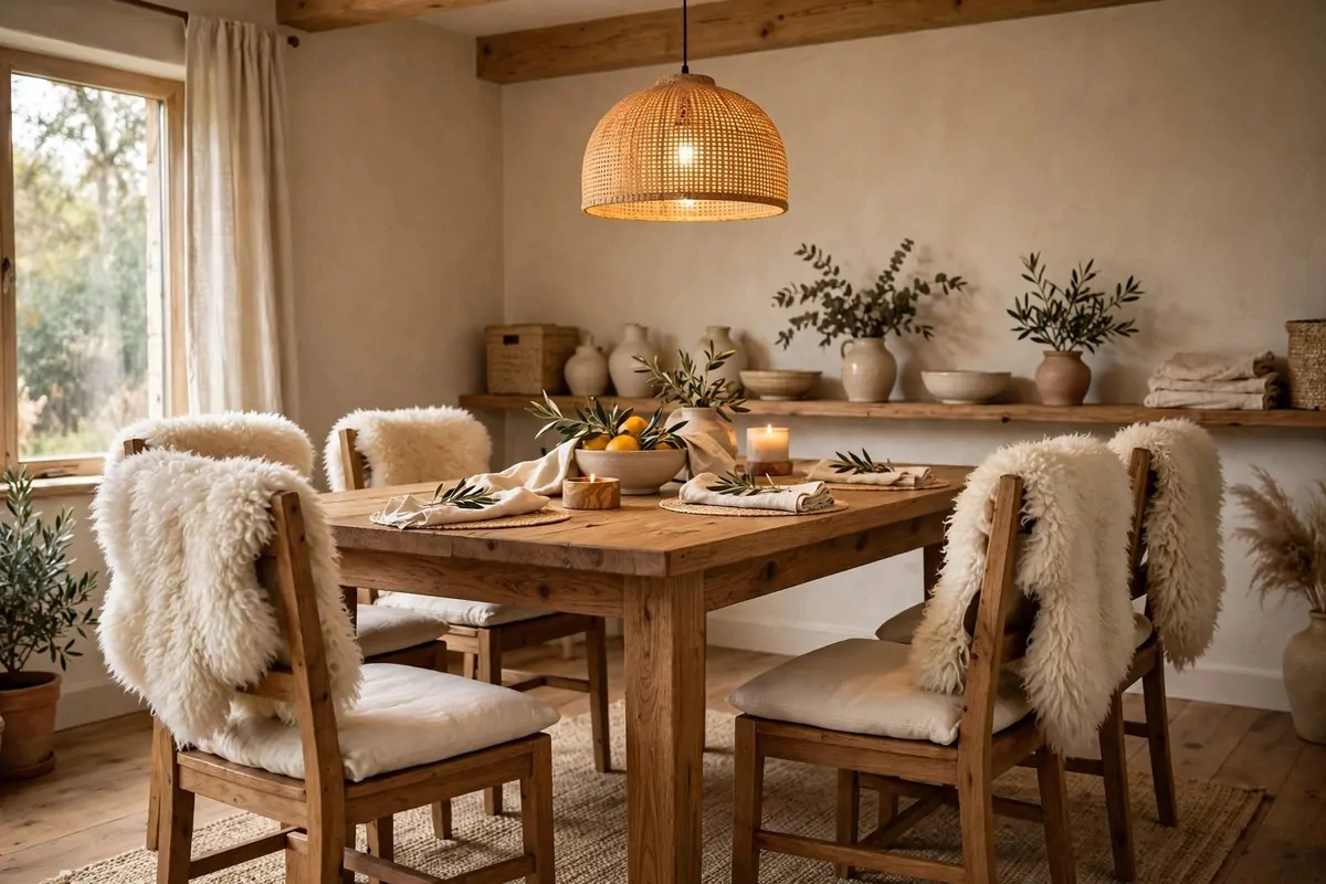 30 Cozy Home Ideas That Feel Like a Warm Hug 22 Dining chairs with soft seat cushions and sheepskin throws around a wooden table