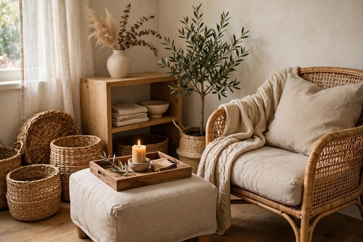 30 Cozy Home Ideas That Feel Like a Warm Hug 23 Living room corner with wooden furniture and woven wicker baskets