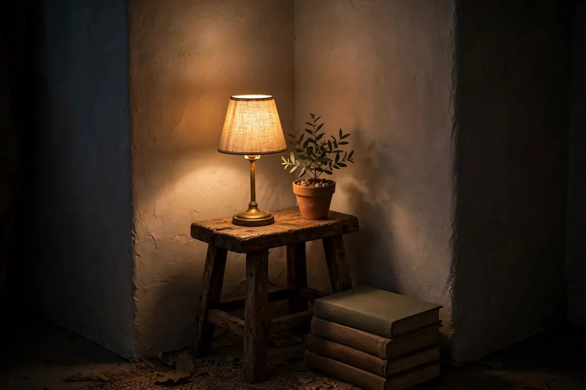 30 Cozy Home Ideas That Feel Like a Warm Hug 24 Small lamp glowing warmly in a dark corner of a cozy room
