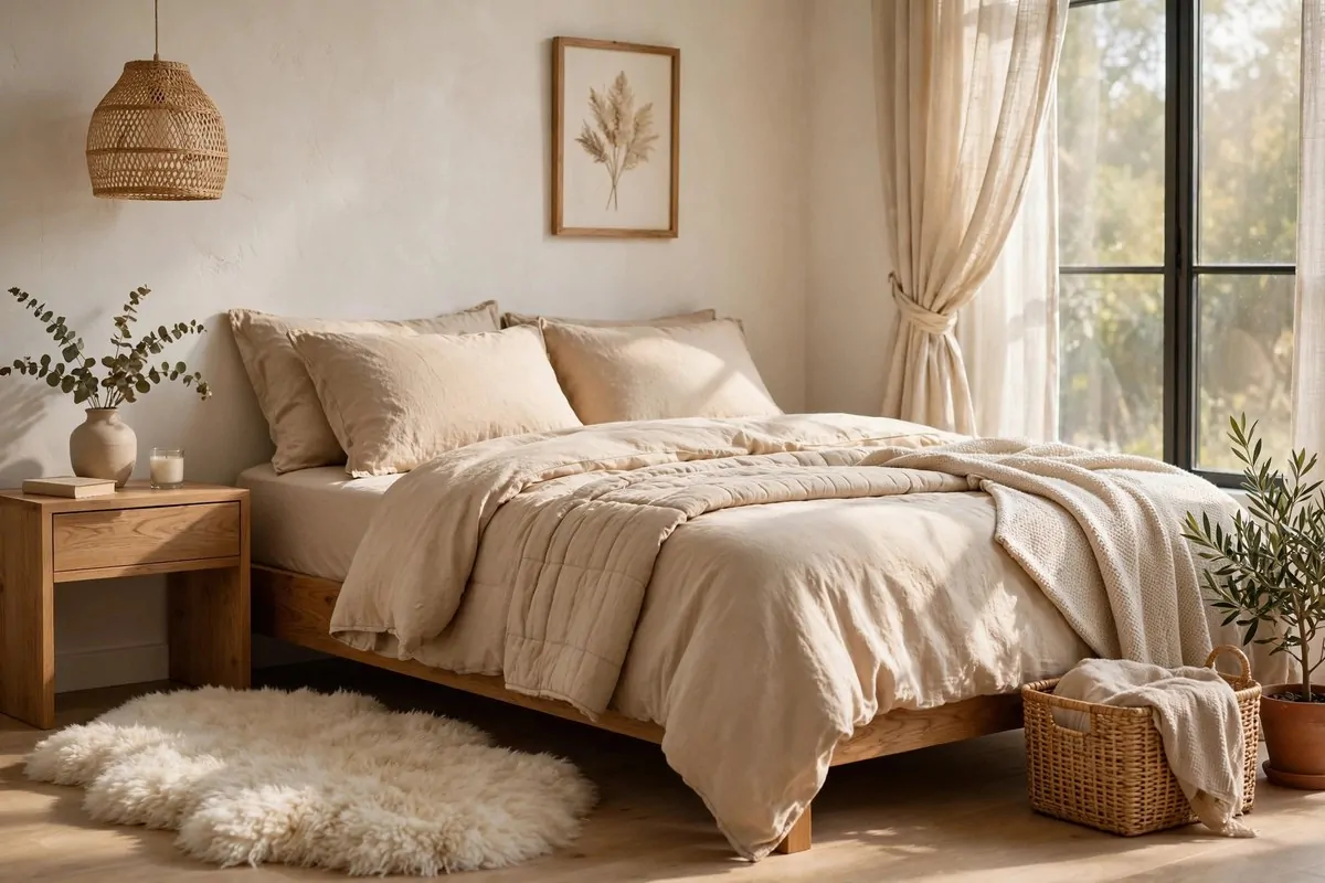 30 Cozy Home Ideas That Feel Like a Warm Hug 25 Soft fluffy rug beside a bed in a warm cozy bedroom