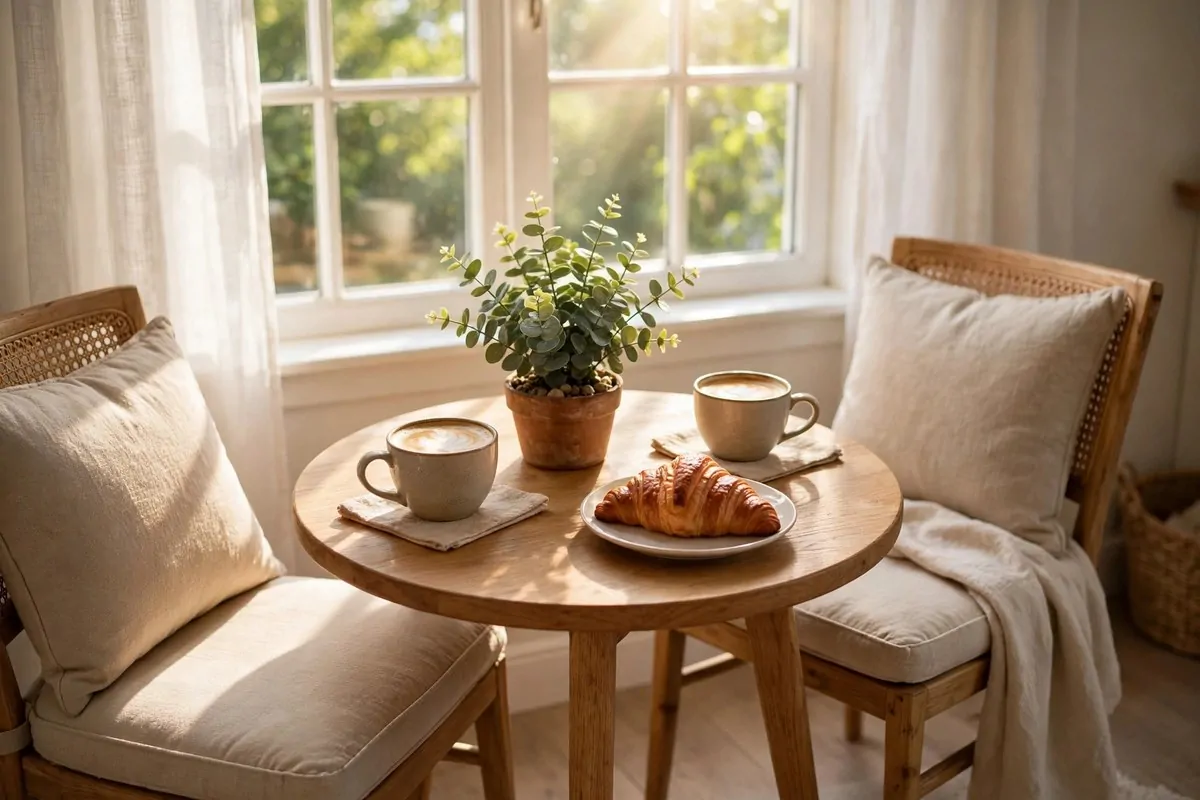 30 Cozy Home Ideas That Feel Like a Warm Hug 26 Small breakfast table by a sunny window with coffee cups and a croissant